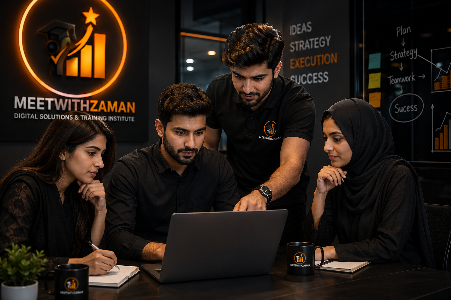 Our team collaborating over a laptop in a dark modern office