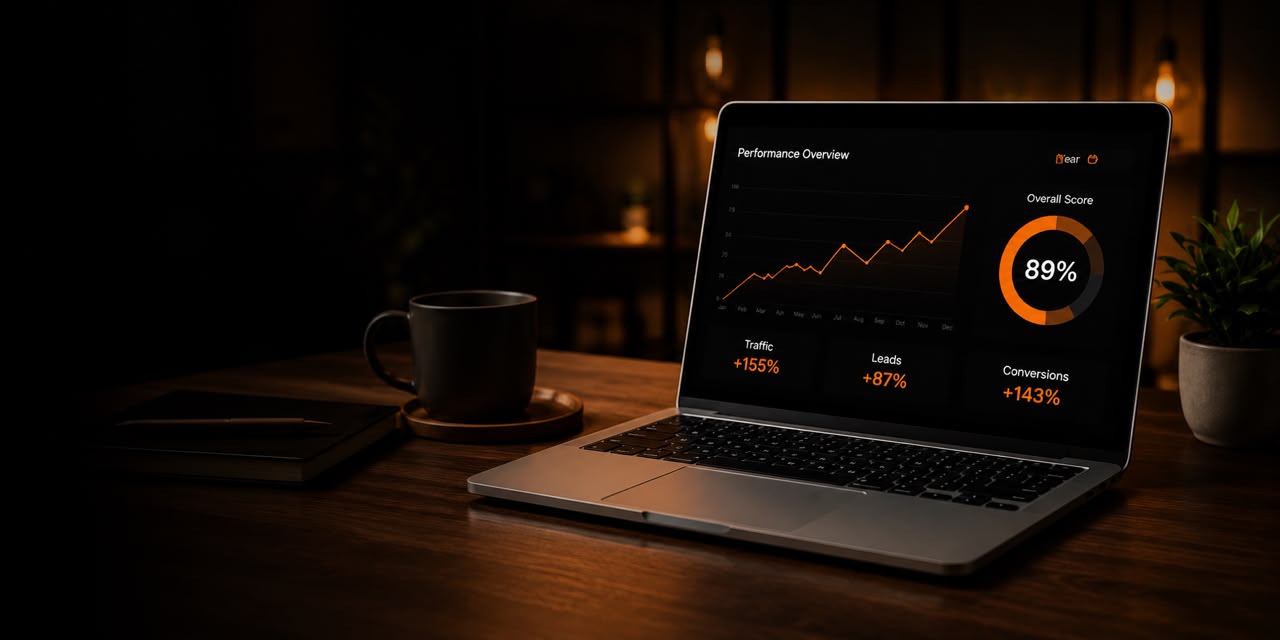 Laptop showing an orange analytics dashboard with performance charts