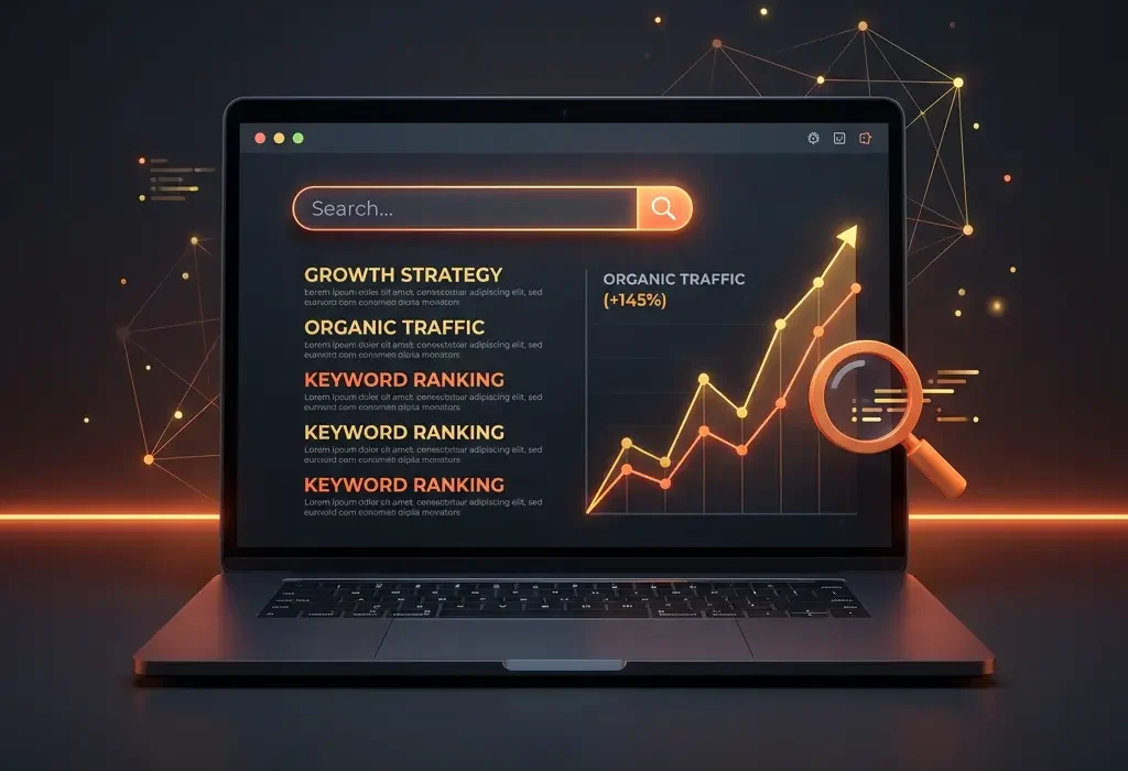 Search Engine Optimisation Service dashboard showing rankings and organic traffic growth