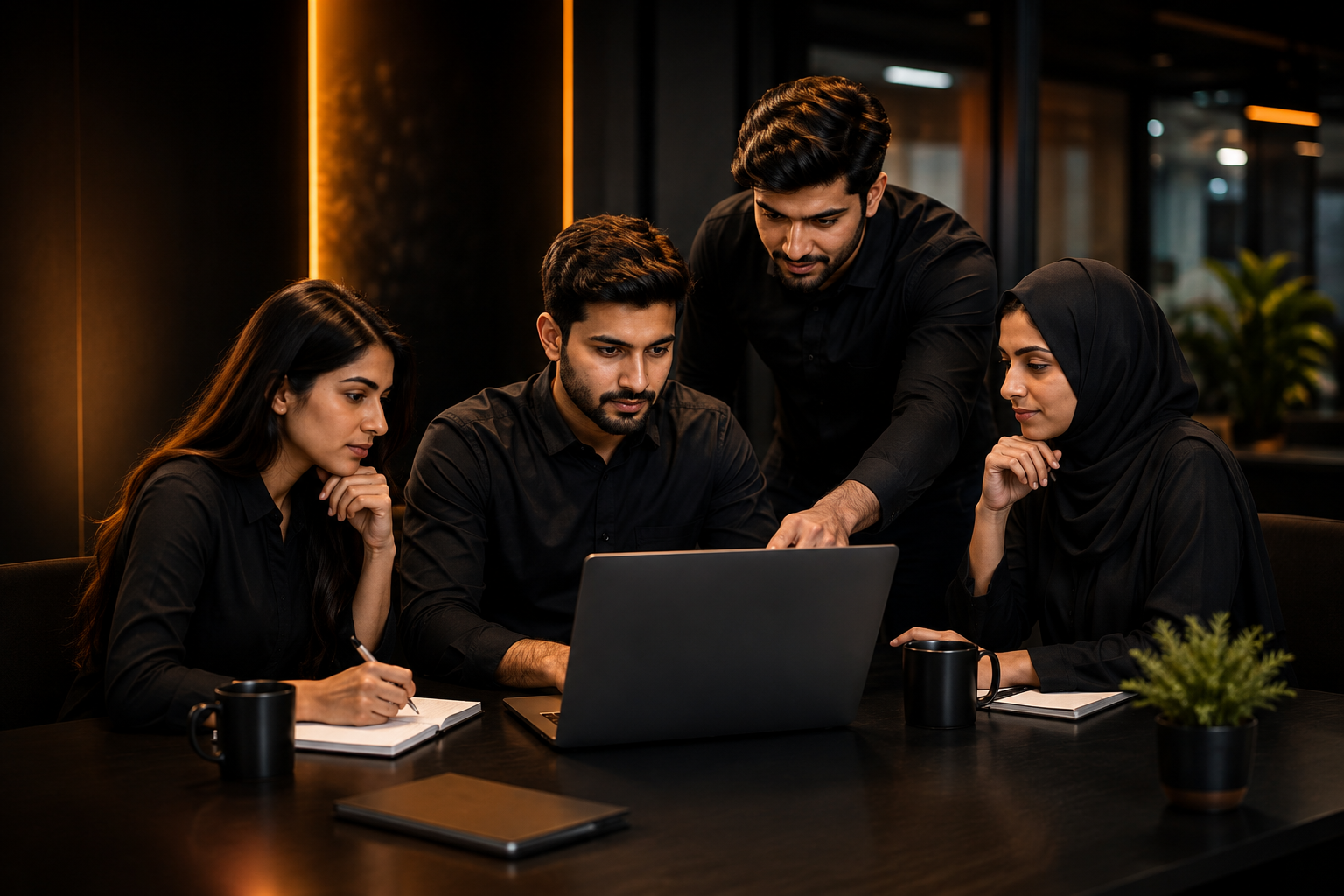Our team collaborating over a laptop in a dark modern office