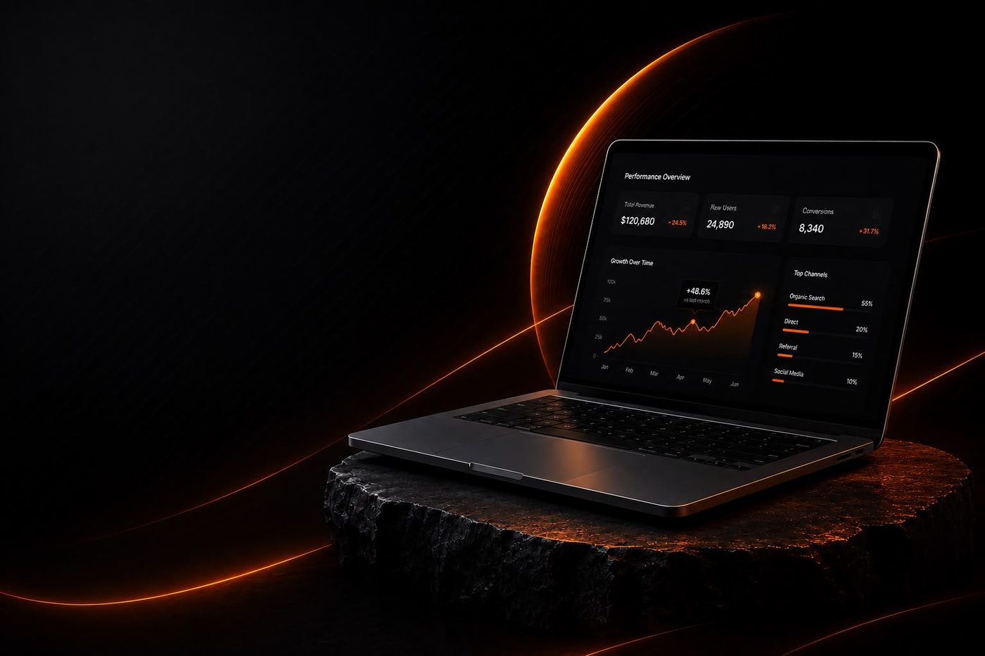 Laptop showing a performance dashboard with revenue, users and conversion stats