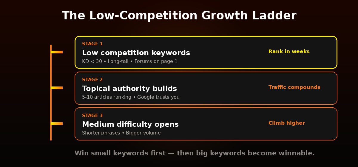 Low competition keywords ladder: climb from easy to hard keywords