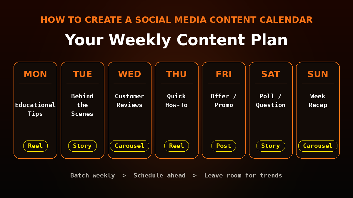 Weekly social media content calendar template with post types