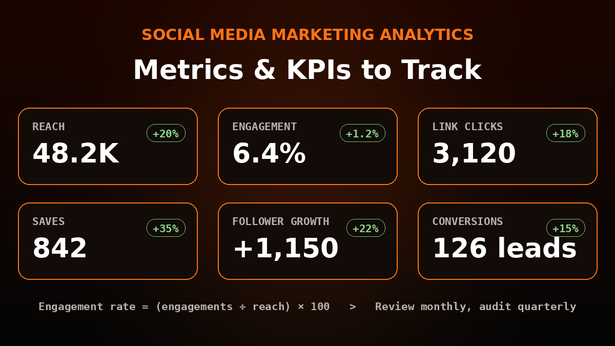 Social media marketing analytics dashboard with metrics and KPIs to track
